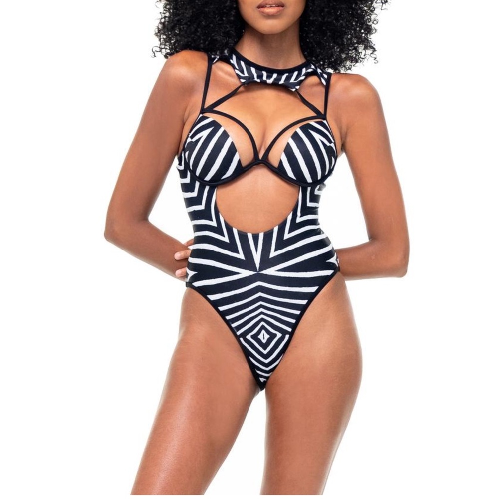 Black and White One Piece Swimsuit Monokini Cutouts Inspired by Andrea Iyama XL